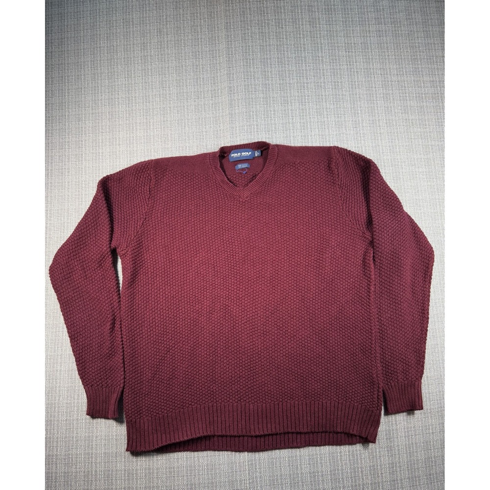 Polo Ralph Lauren Golf Sweater Mens L Maroon Cotton Waffle Knit V Neck Warm Wear - Picture 1 of 4